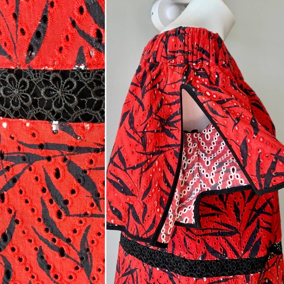 Prabal Gurung Off The Shoulder Printed Eyelet Blouse Size 6 - Picture 7 of 12